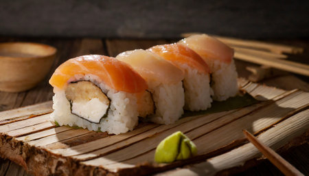 Sushi roll with salmon, cream cheese and cucumber on wooden backgroundの素材
