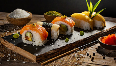 Sushi roll with salmon, avocado, cucumber and sesame seeds on wooden backgroundの素材