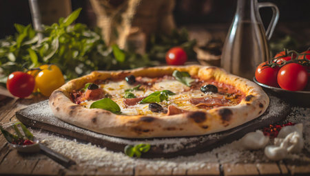 Pizza with salami, mozzarella and basil on wooden backgroundの素材