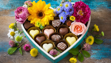 Heart-shaped box of chocolates with flowers on wooden backgroundの素材