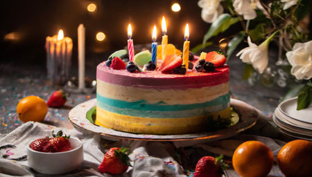 Birthday cake with candles and fruits on a dark background. selective focusの素材