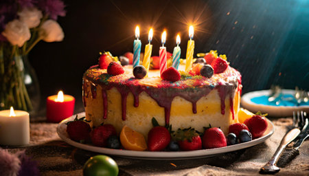 Birthday cake with candles and fruits on a dark background. Selective focus.の素材