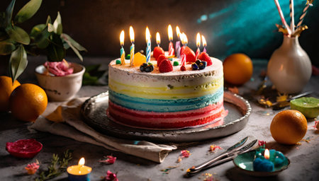 Birthday cake with burning candles and fruits on a rustic backgroundの素材