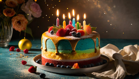 Birthday cake with burning candles and fresh berries on a blue backgroundの素材