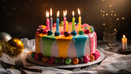 Birthday cake with candles on dark background. Selective focus.の素材