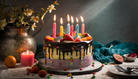 Birthday cake with candles and fruits on dark background. selective focusの素材