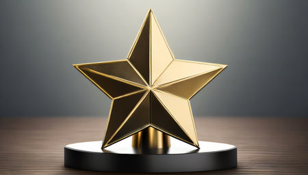 Golden star on the podium. 3D illustration. 3d renderingの素材