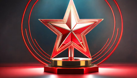 Red star on podium. Award ceremony concept. 3D Renderingの素材