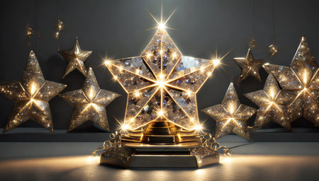 golden christmas star on podium 3d-illustration.の素材
