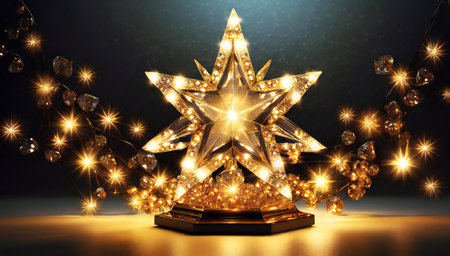 3d illustration, golden star on a pedestal with a garlandの素材