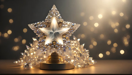 Christmas star on a golden pedestal with bokeh background.の素材