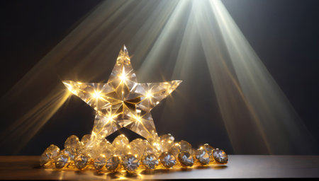 Golden star with diamonds on a black background with rays of light.の素材