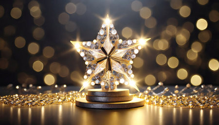 Christmas star on podium with golden bokeh background. 3d renderingの素材
