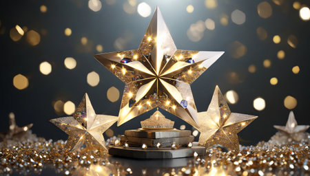 Christmas star on podium and bokeh background. 3d renderingの素材