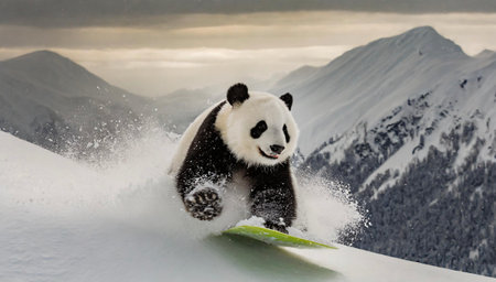 A giant panda is surfing on a snowboard in the mountainsの素材