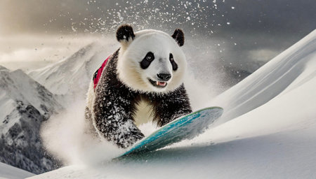 A giant panda is riding a snowboard in the mountains.の素材