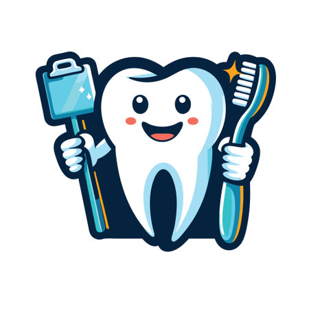 Tooth character with toothbrush and toothpaste. Vector illustration.のイラスト素材