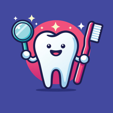 Tooth character with toothbrush and magnifying glass. Vector illustration.のイラスト素材