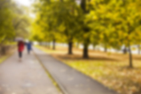 Defocused sidewalk in the autumn. People walking the street in autumn. Blurred autumn yellow background.の写真素材