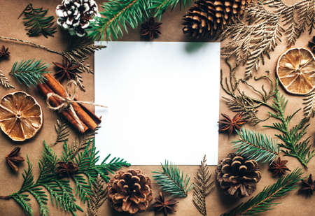 Natural Christmas decorations made of wood and pinecones without plastic. Gifts. Blank white paper sheet. Zero waste Christmas, concept flat lay. Top view.の写真素材