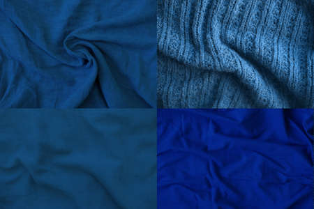 Crumpled blue fabric texture close up. Trendy tone of 2020 blue color, tissue background, collage of 4 picturesの写真素材