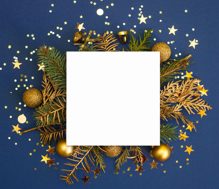 Stylish classic blue mockup for Christmas greeting card or place for text. Golden and blue star gold...