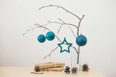 Modern stylish minimalistic Christmas home decorations. Blue balls, idea for interior design. trendy classic blue colorの写真素材