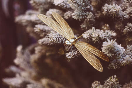 Christmas Decoration, tree decorated with golden dragonfly toy. Pine fir tree decor idea for holidays, christmas conceptの写真素材