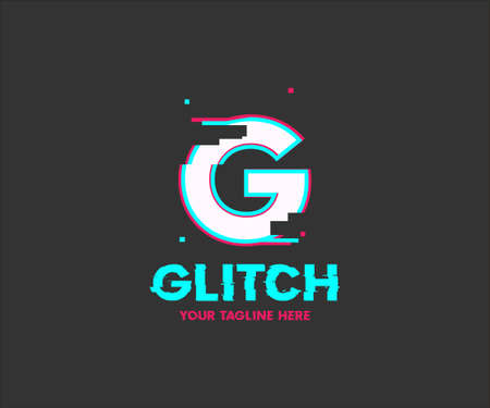 Futuristic digital Glitch logo design. Glitched nightlife tech lines, neon gliich effect, abstract digital elements vector design and illustration.のイラスト素材