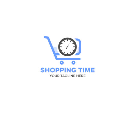 Time for shopping concept logo design. Shopping online concept, copy space, top view vector design and illustration, shop cart vector design and illustration.のイラスト素材