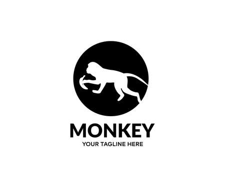 Monkey silhouet, cute monkey logo in a circle logo design. Wildlife vector design and illustration.のイラスト素材