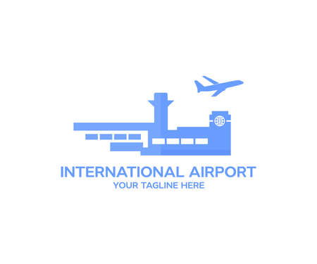 Airport view with airplane. Modern international airport logo design. Aviation technology and world travel concep vector design and illustration.のイラスト素材