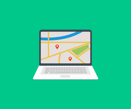 GPS navigation or route with check-in symbol on screen of Laptop  design. UI pinning, discovery,...