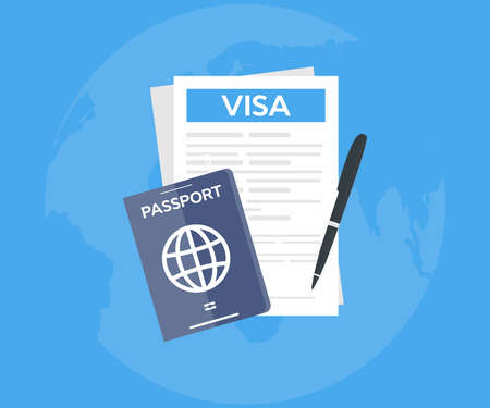 Visa application logo design. Clipboard with visa application form, passport, pin map, pen and laptop. World travel, tourism, holidays concepts vector design and illustration.のイラスト素材
