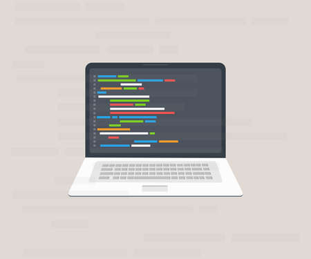 Computer software with programming coding text application window on laptop screen logo design. Big data processing, computing isometric vector design and illustration.のイラスト素材