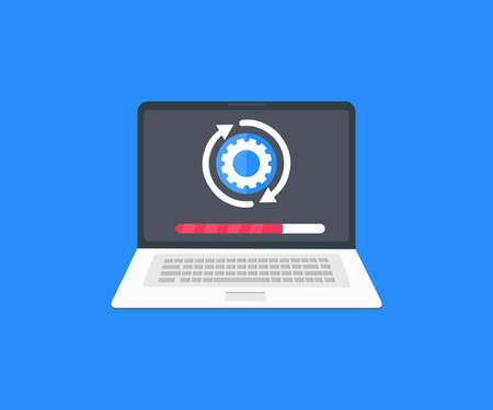 Online Update, Computer setting process, system configure setup logo design. Laptop installing change or hardware customization executing maintenance, repairing cogwheel gear.のイラスト素材
