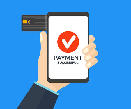 Using smartphone for NFC payment at cafe restaurant, cashless, contactless technology and money transfer concept logo design. Successful pay sign business concept vector design.のイラスト素材