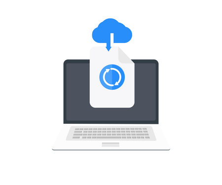 Laptop with cloud storage, exchange of information logo design.Hosting, techology, network management, data synchronization, database, remote access vector design and illustration.のイラスト素材