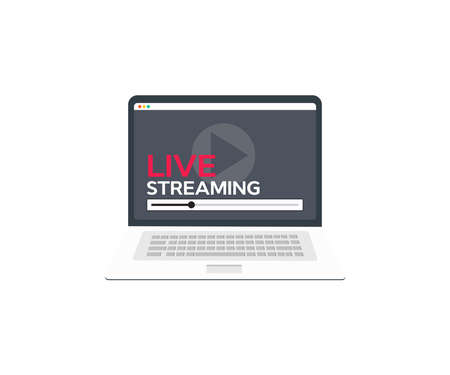 Live streaming social media web network concept on laptop computer screen logo design. Broadcast online technology stream video and music. Internet marketing. vector design.のイラスト素材