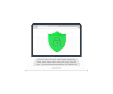 Computer laptop online protection shield on internet browser web site logo design. Secure connection website vector flat cartoon illustration, security privacy access  vector.のイラスト素材
