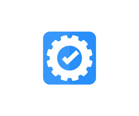 Gear icon with check mark as completed update settings. Cog wheel checkmark as setup executed change graphic pictogram, digital installed construction approved pinion cogwheel.のイラスト素材