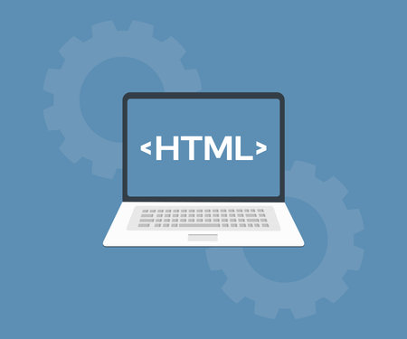 HTML coding concept, Web application development logo design. Coding html and programming on screen laptop, development web, developer vector design and illustration.のイラスト素材