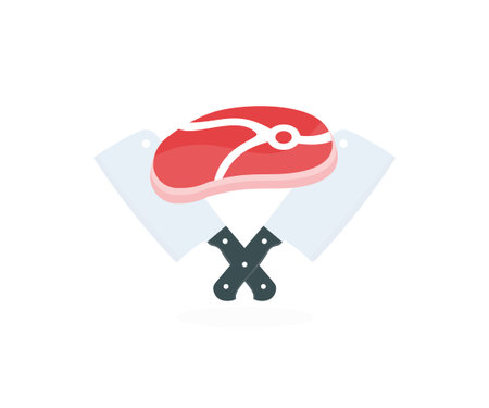 Crossed Cleaaver, Cutting raw beef meat steak logo design. Butcher shop label vector design and illustration.のイラスト素材