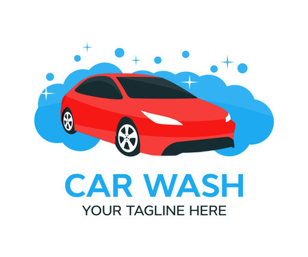 Car Wash Business, Auto Chrompolitur, foam soap, water, detailing, cleaning logo design. High pressure sprayer. Clean car concept. Car wash outdoor vector design and illustration.のイラスト素材