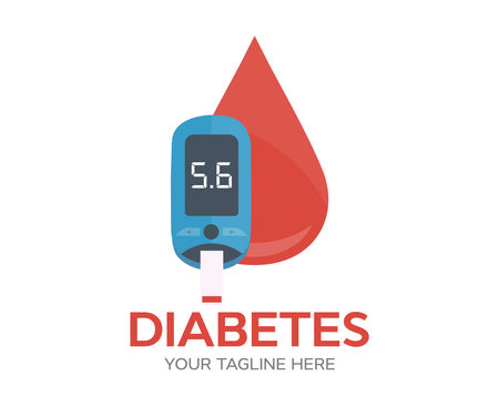 Diabetes, Glucose testing and Blood sugar logo design. Glucose meter, pills, insulin production. Diabetic glucose measuring device with border indication sugar level vector designのイラスト素材