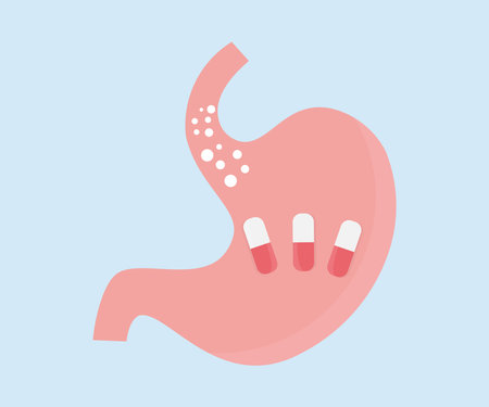 Stomach with pills logo design. Human stomach close up. Organ anatomy. Digestive system. Ulcer, cancer, gastritis, dysbiosis. Innovative medicine and technology vector design.のイラスト素材