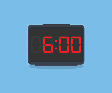 Digital black alarm clock displaying 6:00 o'clock logo design. igital clock with red numbers - Time to wake up, attend meeting or appointment, ring bounce alarm clock vector designのイラスト素材