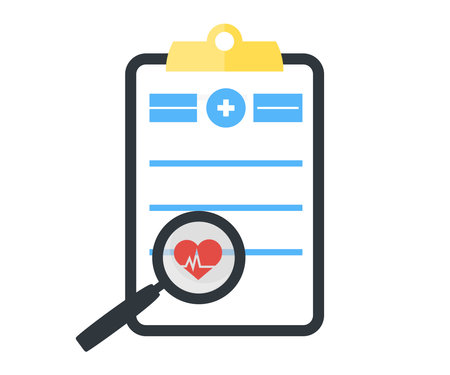 Clipboard with medical document and magnifying glass logo design. Heartbeat pulse. Document for patient health check in hospital or clinic vector design and illustration.のイラスト素材