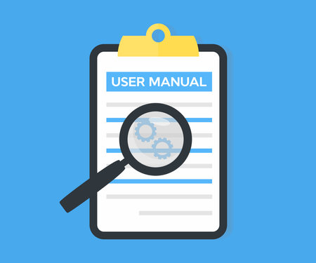 User manual concept, guidebook, instruction document, logo design. Document specification requirements, Instructions for use. Ð¡ustomer guide, useful information vector design.のイラスト素材