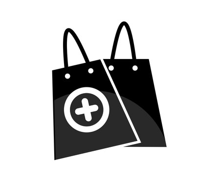 Medical glove with a paper delivery bag logo design. First-aid kit bag, Online shopping. Pharmacy, drug store vector design and illustration.のイラスト素材